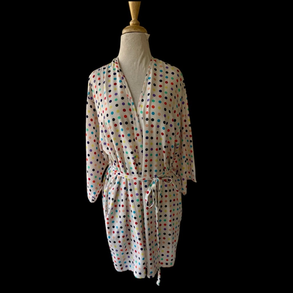 Vtg 90s Josie NATORI White Multi Polka Dot Print Short Summer Robe Sz S EUC